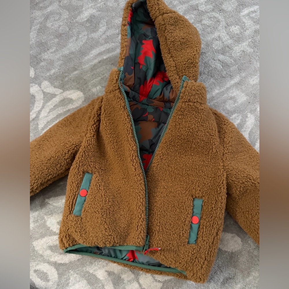 LIKE NEW Mini Boden Cozy Camo Brown Reversible Kids Jacket with Hood